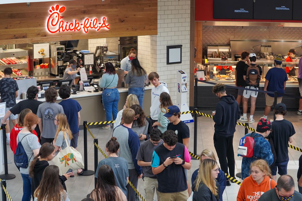 Students stand in line to order Chick-fil-A at the Mountainlair